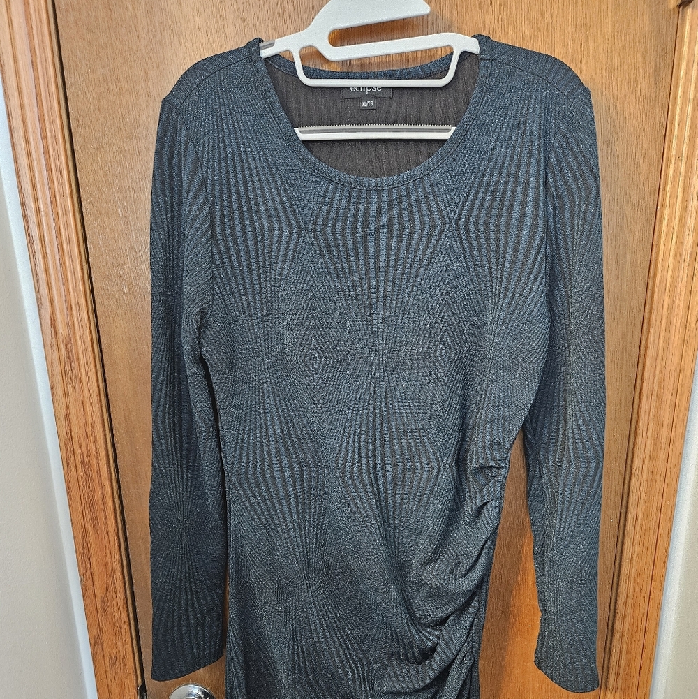 Eclipse Textured Scoop-Neck Long Sleeve Mini Dress Dark Teal with Sparkle